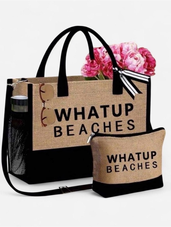 Handbags - Straw Tote Bag and Pouch Set - Black Trim
